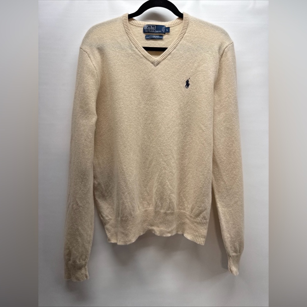 VTG Polo Ralph Lauren Sweater Mens Sz L Cream Pony 100% Italian Lambswool V-neck